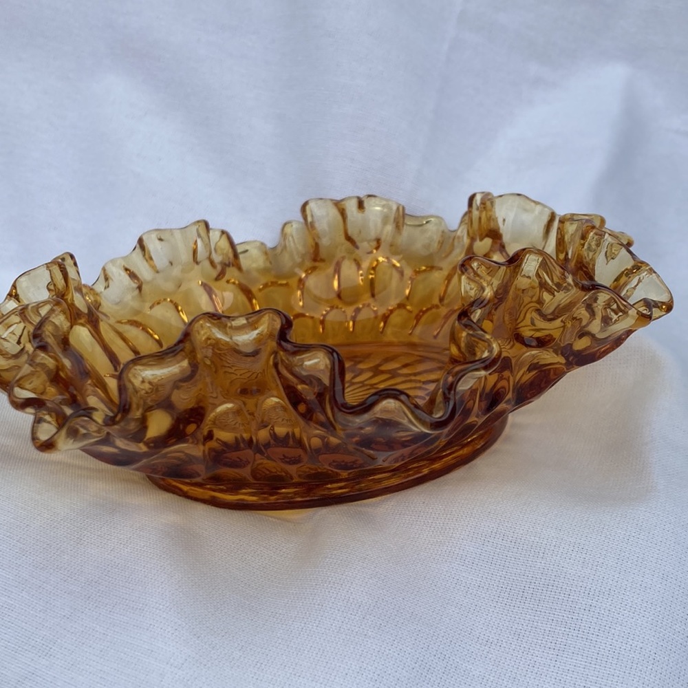 Vintage Fenton Amber Thumbprint Crimped Ruffled Edge Bowl Candy Dish 7.75" - Picture 3 of 3